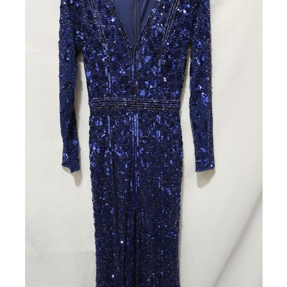 Mac Duggal 5002# Size 12 Embellished Front Slit Long-Sleeve Midnight Blue Gown - Picture 4 of 6